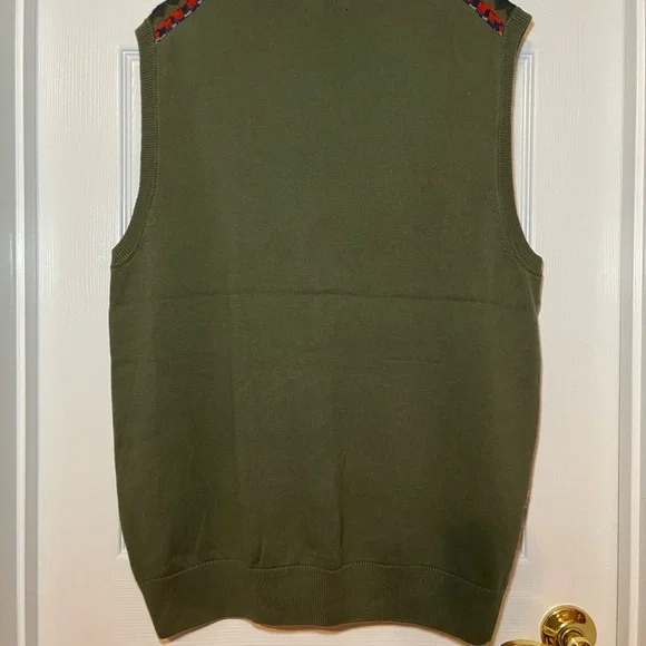 Large Green Chaps Sweater Vest with Orange/Blue Striped V-Neck NWT - Picture 2 of 7